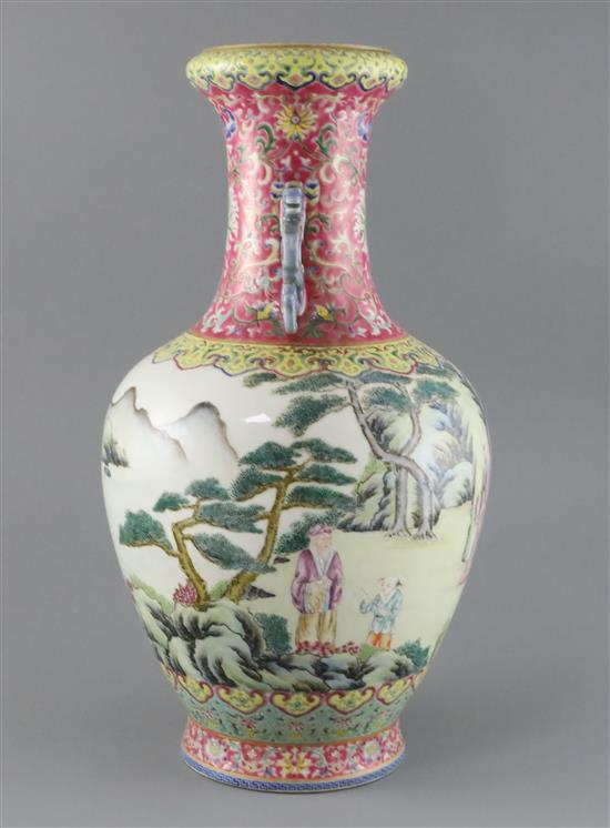 A Chinese famille rose two handled vase, possibly Republic period, H. 39.5cm